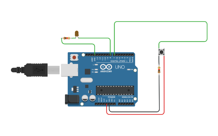 Circuit design Pushbutton controlling LED using arduino uno - Tinkercad