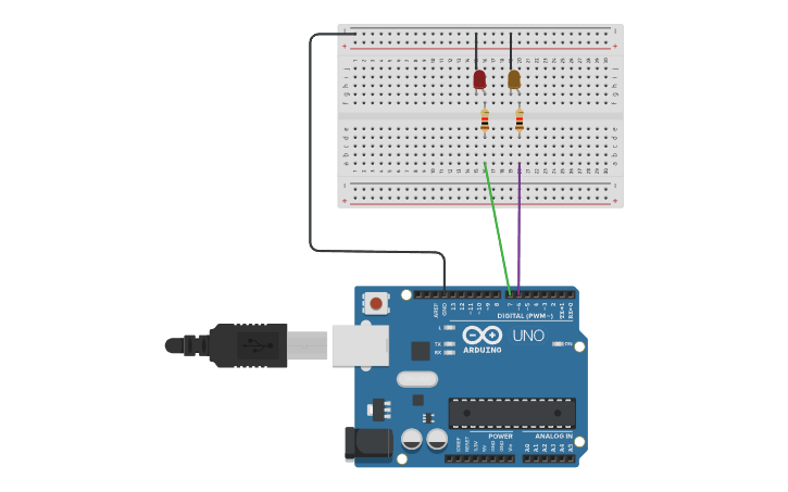 Circuit design LED double blink with breadboard - Tinkercad