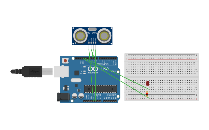 Circuit design Distance Sensor with LED that Lights up - Tinkercad