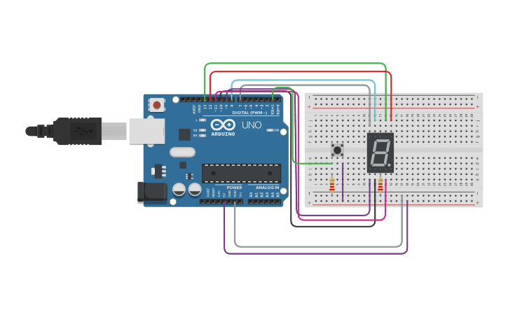 Circuit design PULSADOR DE 7 SEGMENTOS CATODO - Tinkercad
