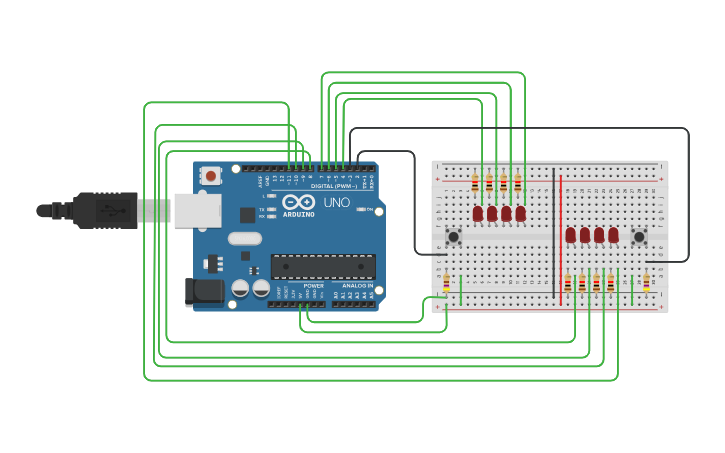 Circuit design pulsadores con led - Tinkercad
