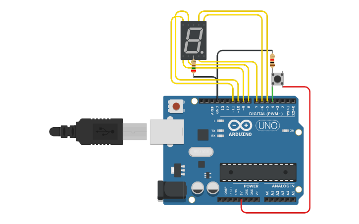 Circuit design 7 segmentos con pulsador - Tinkercad