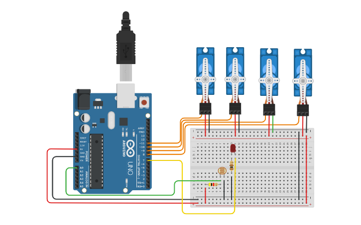 Circuit design Robotic Arm 4DOF with LDR on/off - Tinkercad