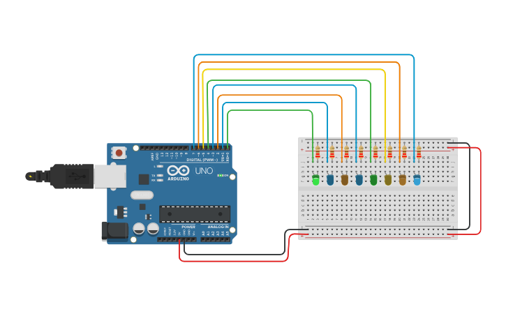 Circuit design 8 LED LIGHT SHOW - Tinkercad