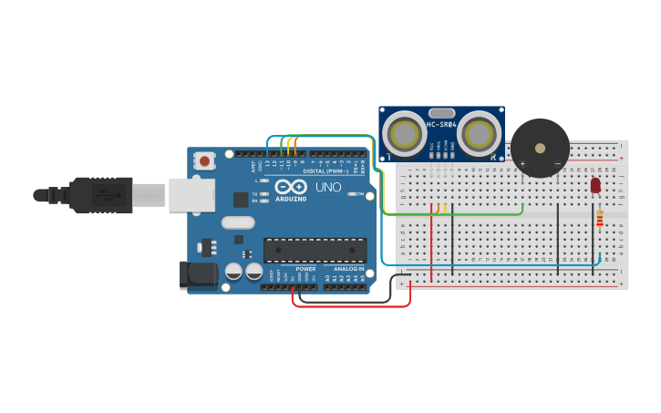 Circuit design ultrasonic distance sensor with led and buzzer - Tinkercad