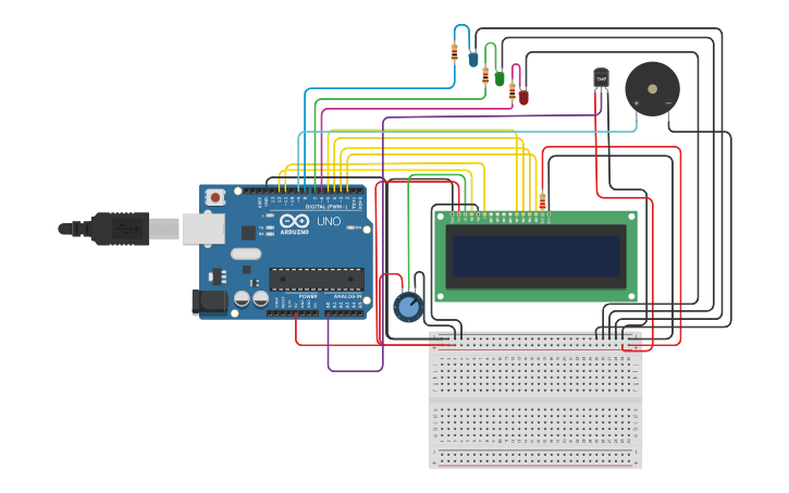Circuit design Arduino with LCD, Temperature sensor, LED, and Piezo ...