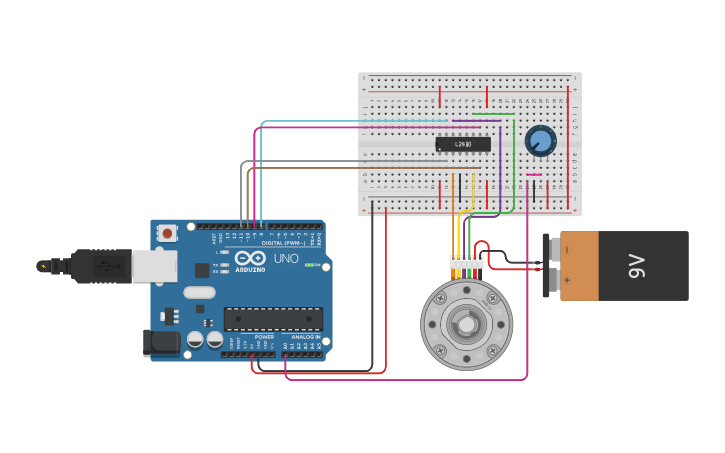 Circuit design STEPPER MOTOR AND POTENTIOMETER - Tinkercad