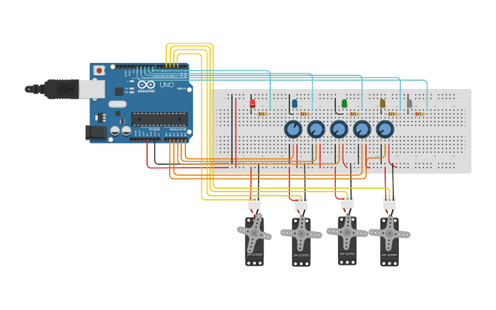 Circuit design Control 4 Servos Using Arduino - Tinkercad