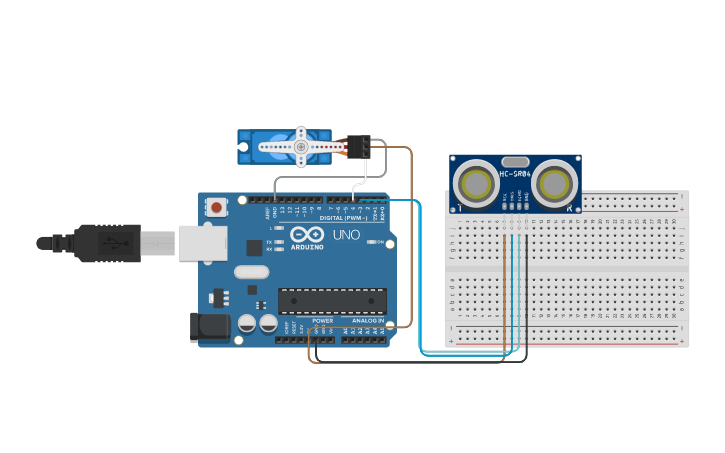 Circuit design Ultrasonic Sensor and Servo Motor - Tinkercad