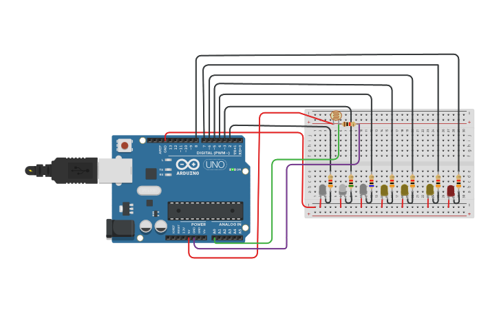 Circuit design Arduino Knight Rider from the LDR - Tinkercad