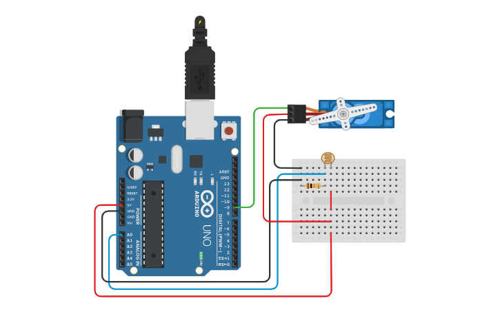 Circuit design Sensor LDR Servo Motor - Tinkercad
