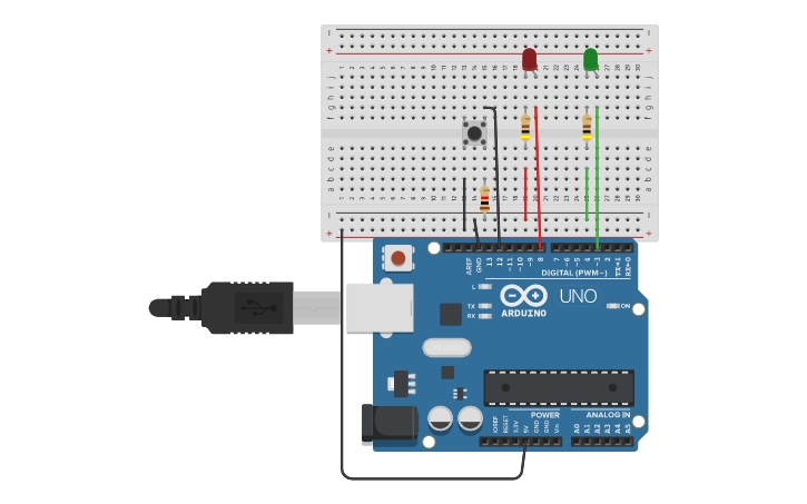 Circuit design 2 leds com botão - Tinkercad
