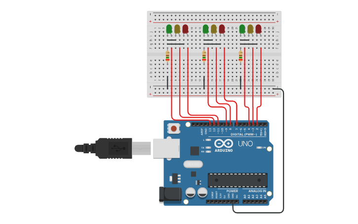 Circuit design 3-Way Traffic Light Controller - Tinkercad