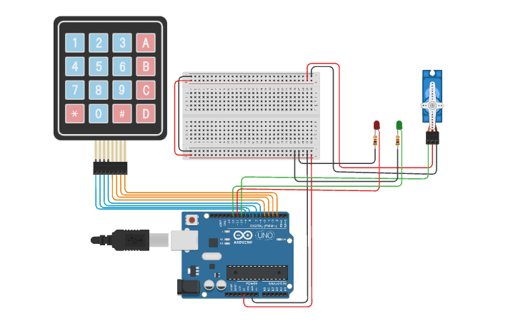 Circuit design Servo + LEDs + Keypad - Tinkercad