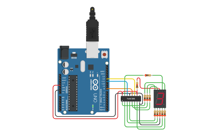7-segment with Shift Register 74HC595 - Tinkercad
