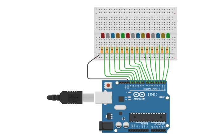 Circuit design Desafio 3- Sequencial de 14 leds (Lady) - Tinkercad