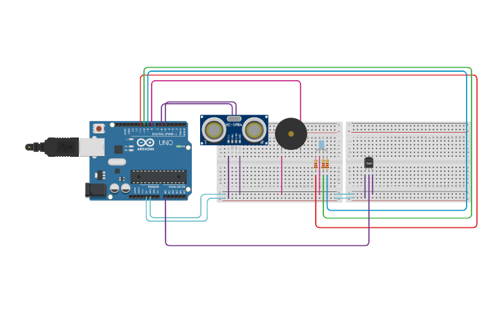 Circuit design Distance Sensor and Buzzer - Tinkercad