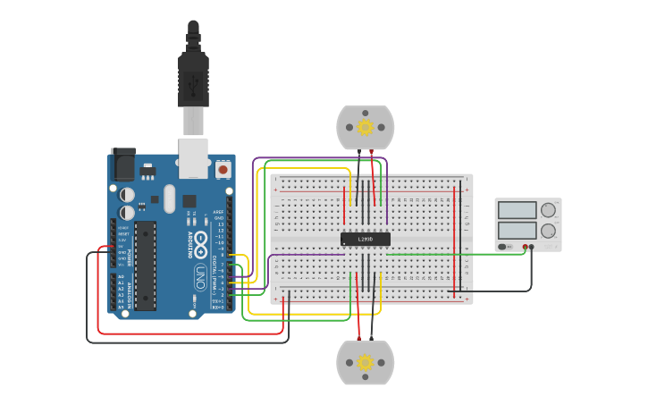Circuit design L293 Motor driver IC with 2 motors - Tinkercad