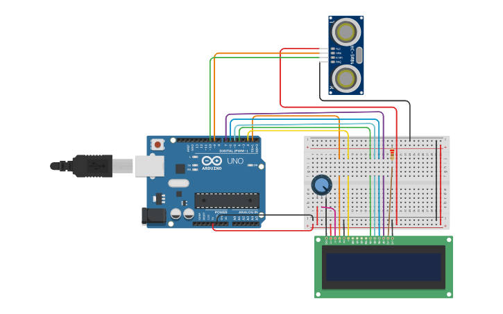 Circuit design Ultrasonic Sensor With 16*2 LCD Display - Tinkercad