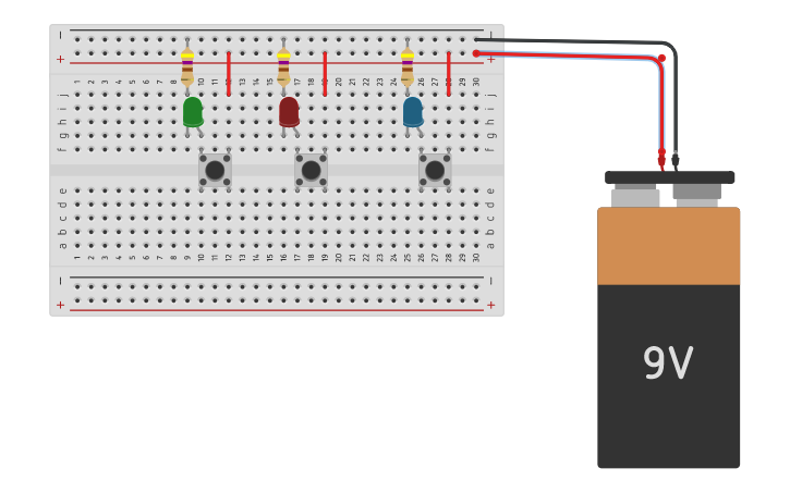 Circuit design Circuito de 3 leds con pulsadores - Tinkercad