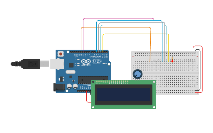 Circuit design Arduino interface with LCD scroll - Tinkercad