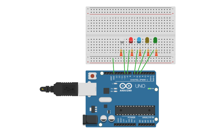 Circuit design Arduino - 5 LEDs con declaración de Variables - Tinkercad