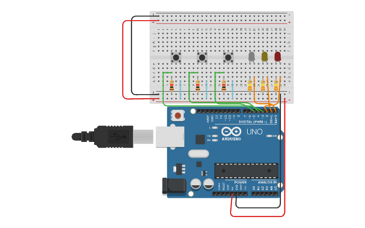 Circuit design 3 LEDS Y 3 PULSADORES - Tinkercad