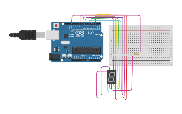 Circuit design 7 segment counter display - Tinkercad
