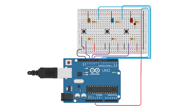 Circuit design botones y leds - Tinkercad