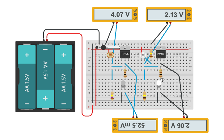 Circuit design LED circuit with a photoresistor and a pMOS FET - Tinkercad