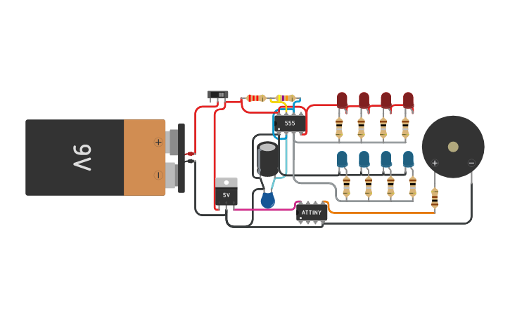 Circuit design Police lights w. 555 and siren w. ATTiny85 - Tinkercad