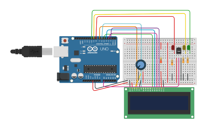Circuit design Lab. sensor de temperatura con lcd y leds - Tinkercad