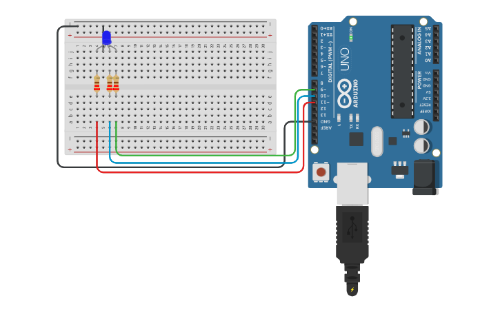 Circuit design RGB LED Color Mixing With Arduino in Tinkercad - Tinkercad