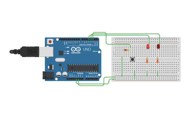 Circuit design button the first led is On and the second is off - Tinkercad