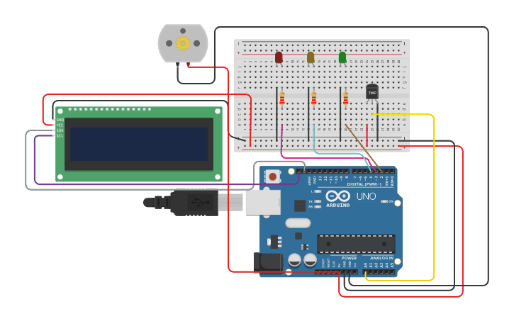 Circuit design KONTROL SUHU LM35 DENGAN INDIKATOR OLED DAN LED - Tinkercad
