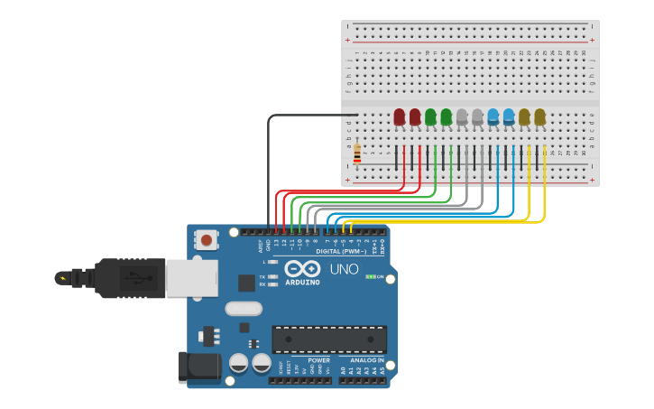 Circuit design Obligatorio-10 Leds Arduino - Tinkercad