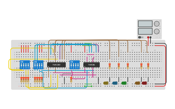 Circuit design SUMADOR RESTADOR DE 4 BITS CON LEDS - Tinkercad