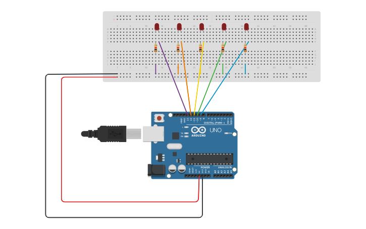 Circuit design 5 LED - Tinkercad