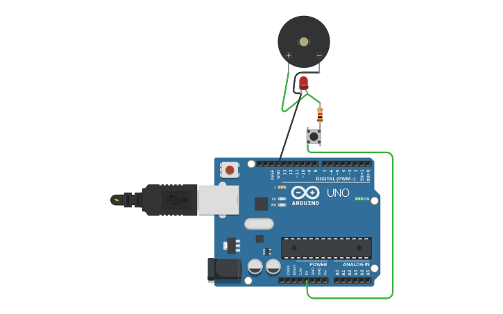 Circuit design 4b. Arduino, led, buzzer - Tinkercad