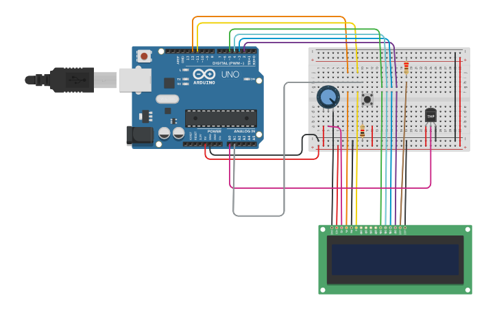 Circuit design sensor de temperatura con lcd y pulsador - Tinkercad
