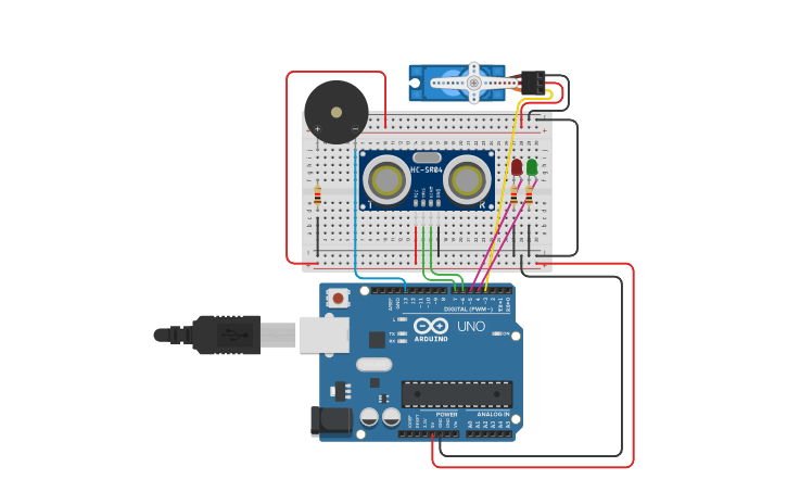 Circuit design Ultrasonic Sensor with Servo and Piezo - Tinkercad