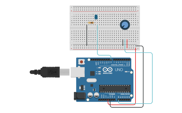 Circuit design Potentiometer to control brightness of LED - Tinkercad