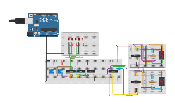 Circuit design bcd adder with led and display - Tinkercad