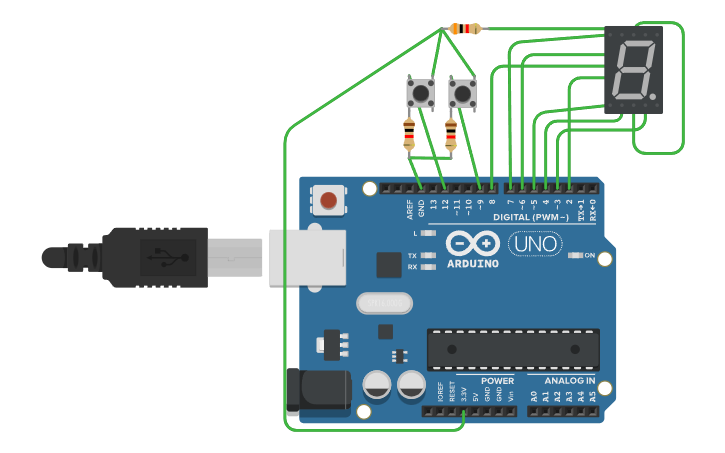 Circuit design 7 segment display using push button - Tinkercad