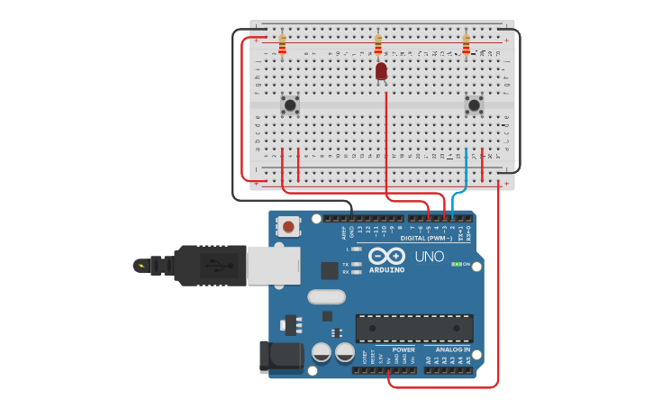 Circuit design ENCENDER Y APAGAR LED CON DOS PULSADORES - Tinkercad