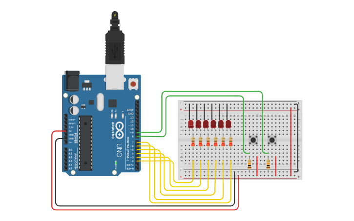 Circuit design SECUENCIA DE LEDS CON FUNCIONES - Tinkercad