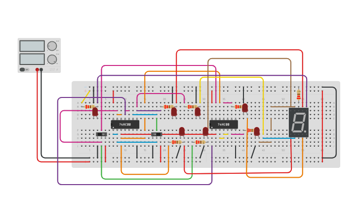 Circuit design 2 bit 7 segment - Tinkercad