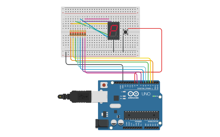 Circuit design Display de 7 segmentos con pulsador - Tinkercad