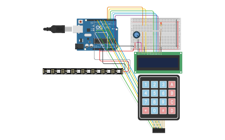 Circuit design Keypad, LCD and LEDs - Tinkercad