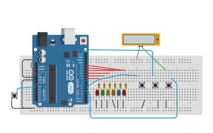 Circuit design 6 LEDs 4 Taster PCI - Students version - Tinkercad